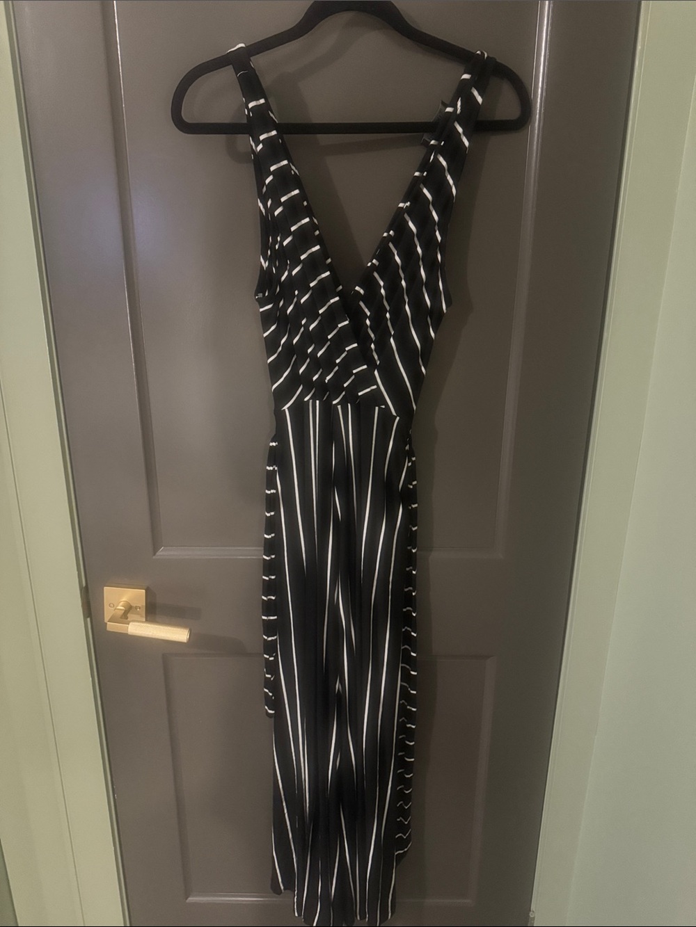 Black and White Striped Women’s Wrap Jumpsuit, Wide Leg, Large